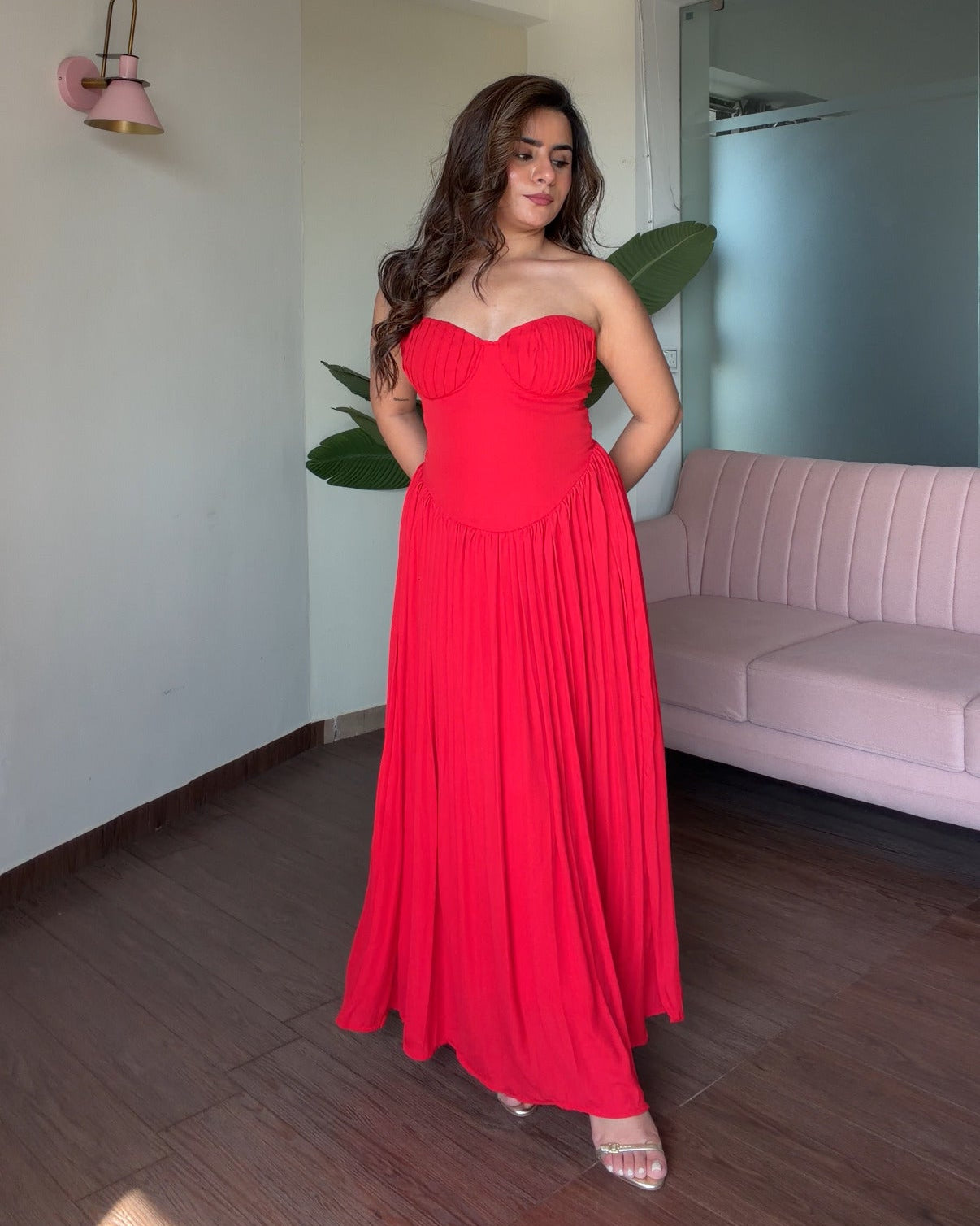 Padded Flared Pleated Maxi Dress
