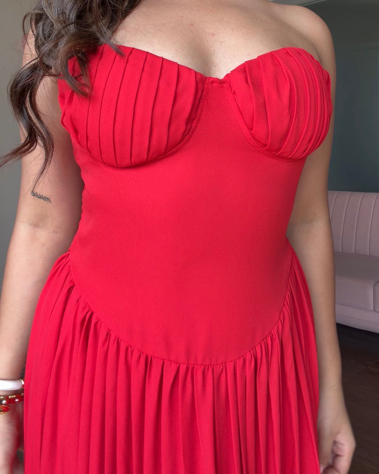Padded Flared Pleated Maxi Dress
