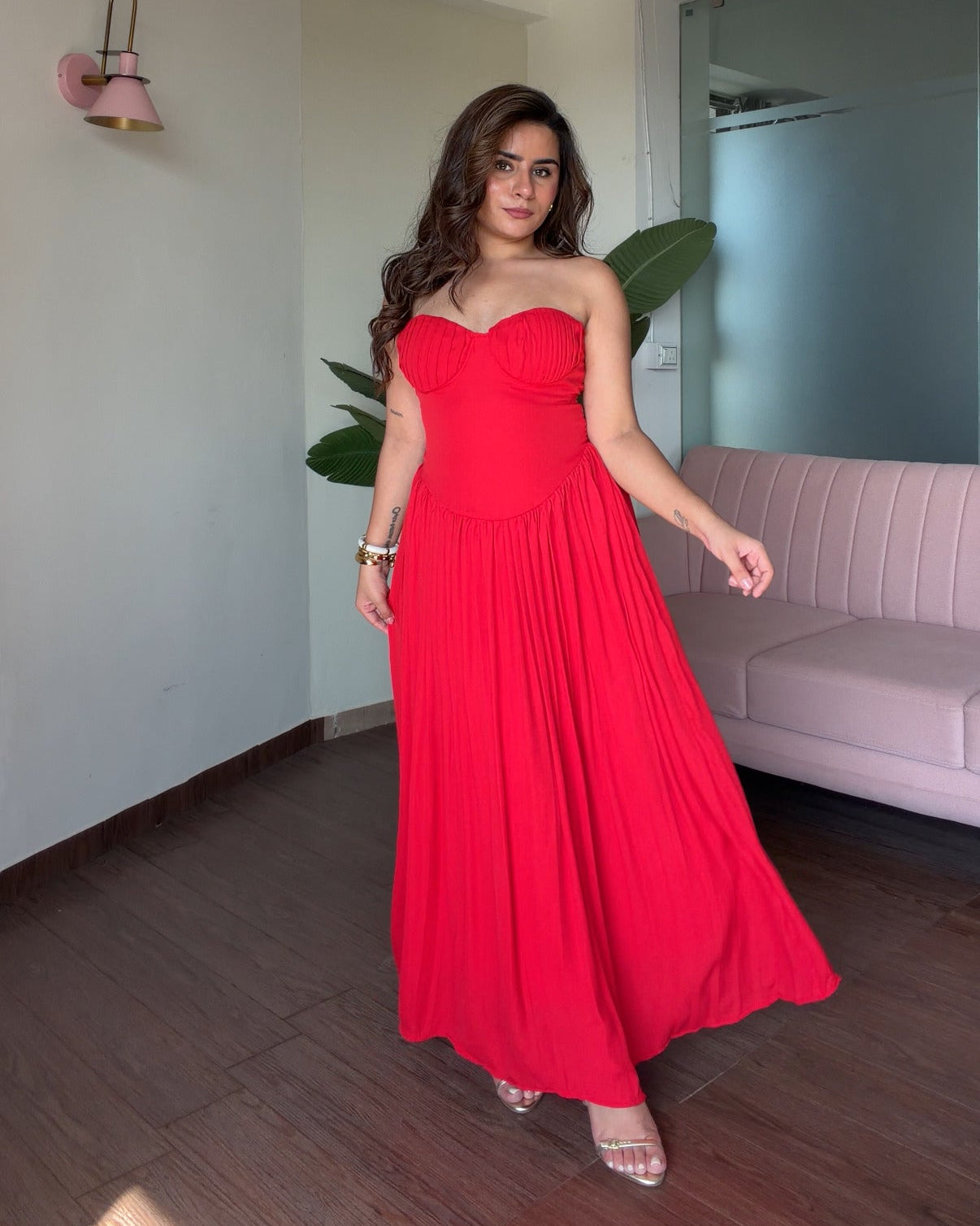 Padded Flared Pleated Maxi Dress