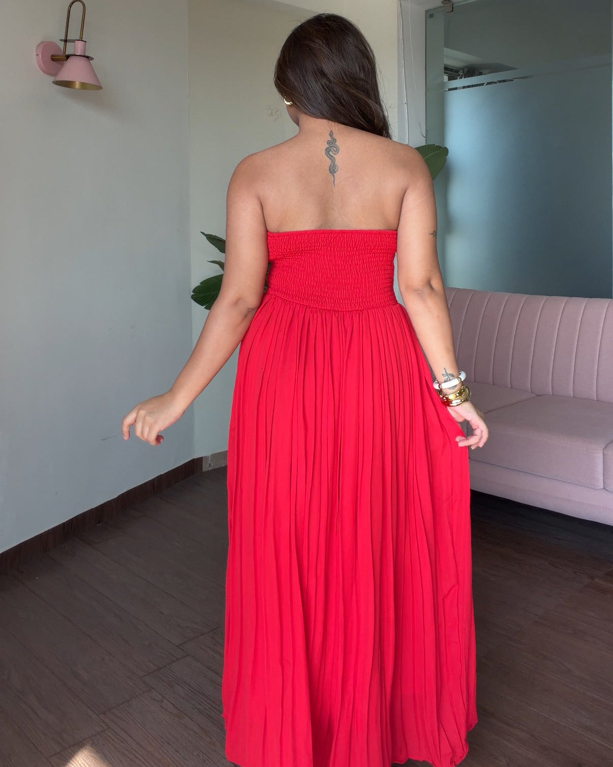 Padded Flared Pleated Maxi Dress
