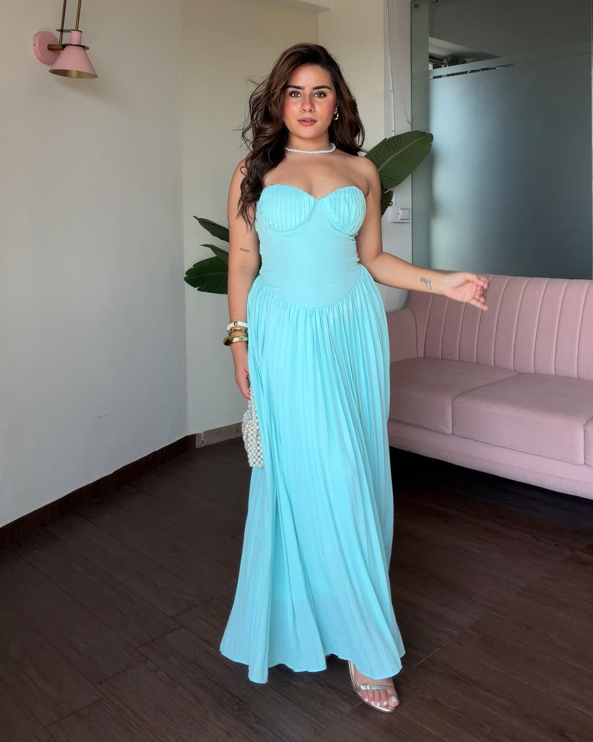Padded Flared Pleated Maxi Dress
