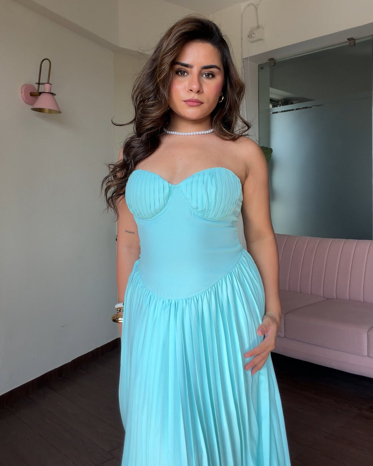 Padded Flared Pleated Maxi Dress