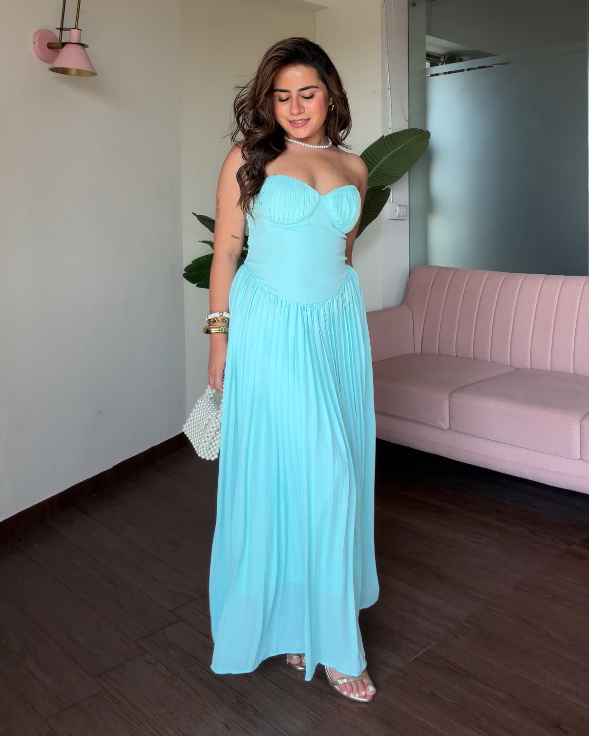 Padded Flared Pleated Maxi Dress