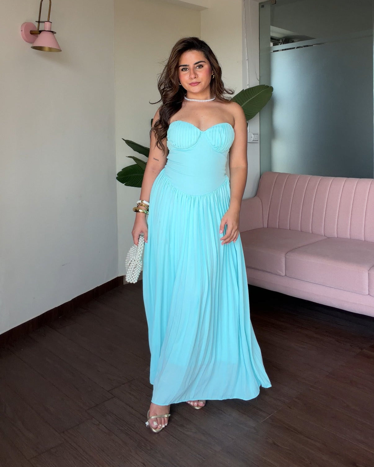 Padded Flared Pleated Maxi Dress