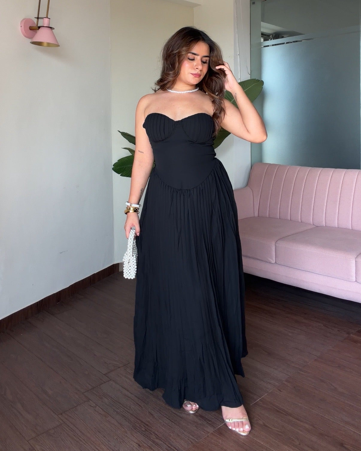Padded Flared Pleated Maxi Dress