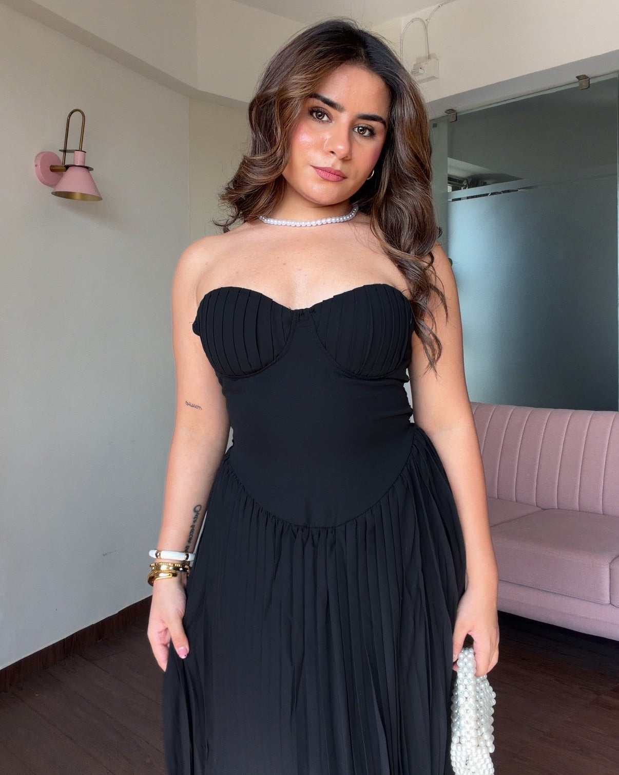 Padded Flared Pleated Maxi Dress