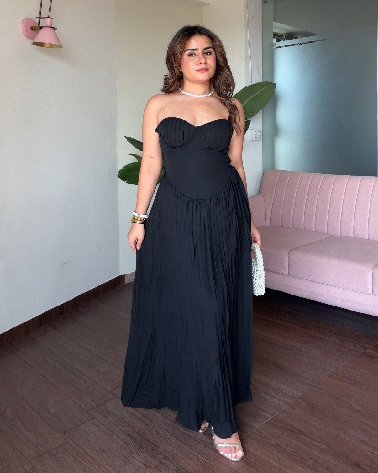 Padded Flared Pleated Maxi Dress