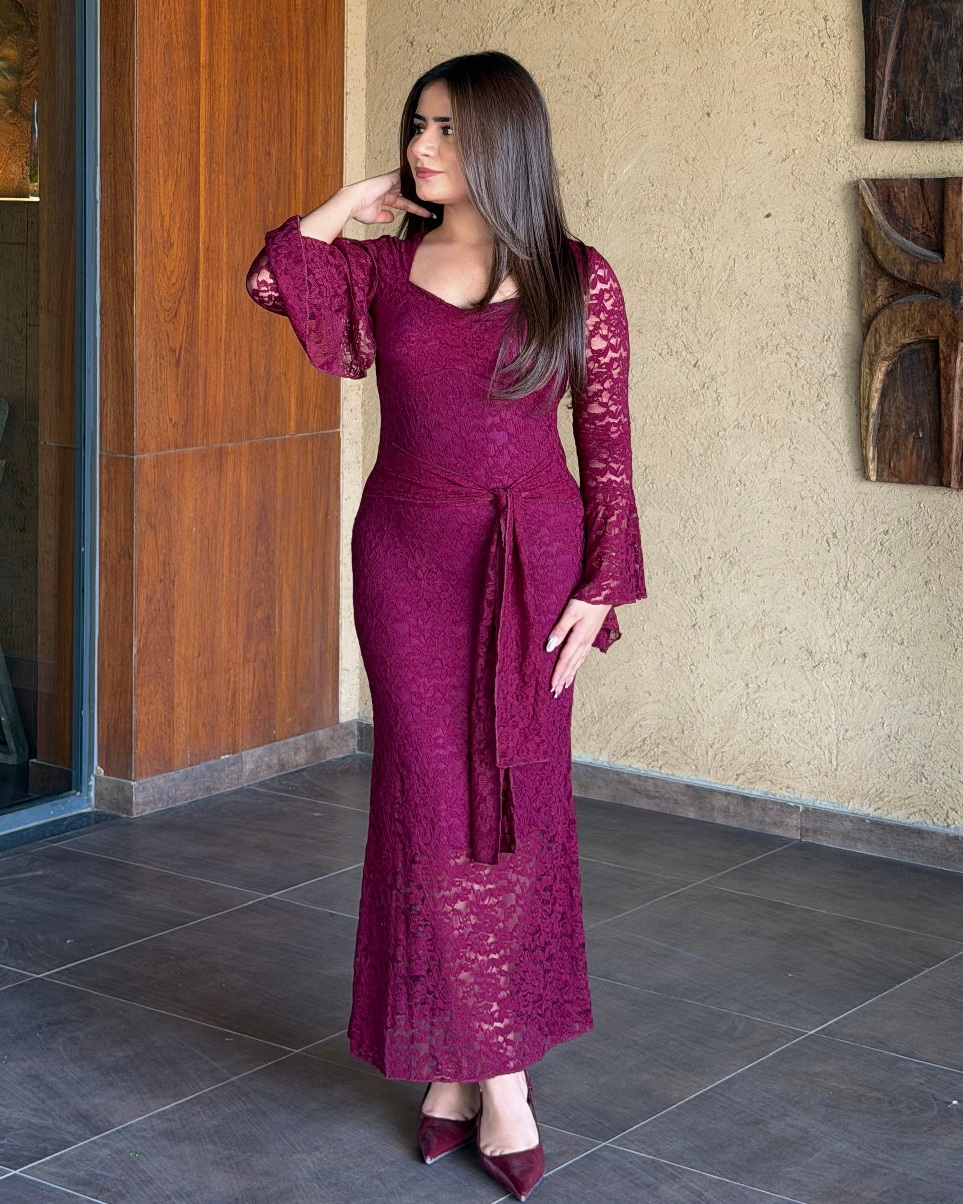 Padded Lacy Bell Sleeve Midi Dress With Tie Up Detailing