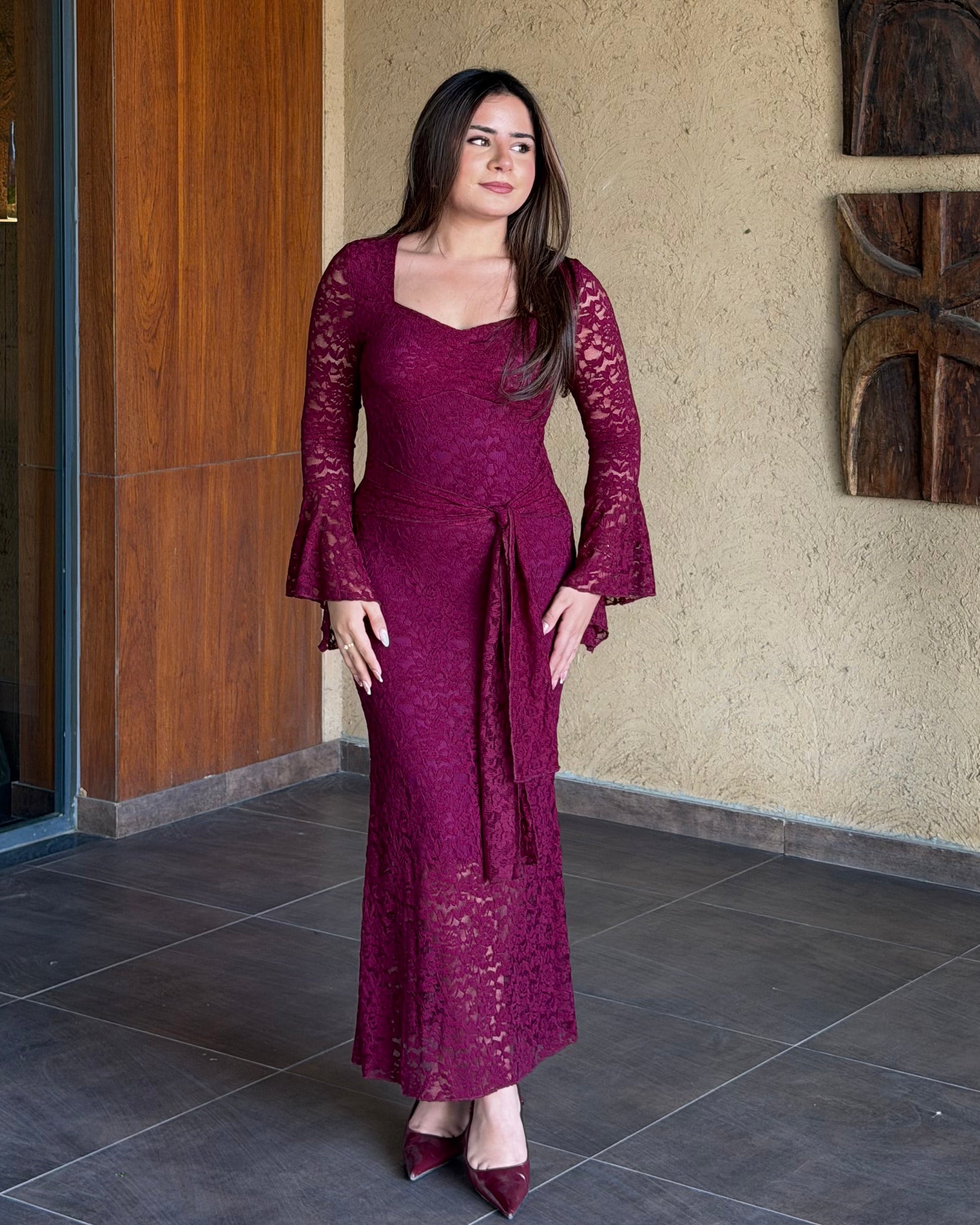 Padded Lacy Bell Sleeve Midi Dress With Tie Up Detailing