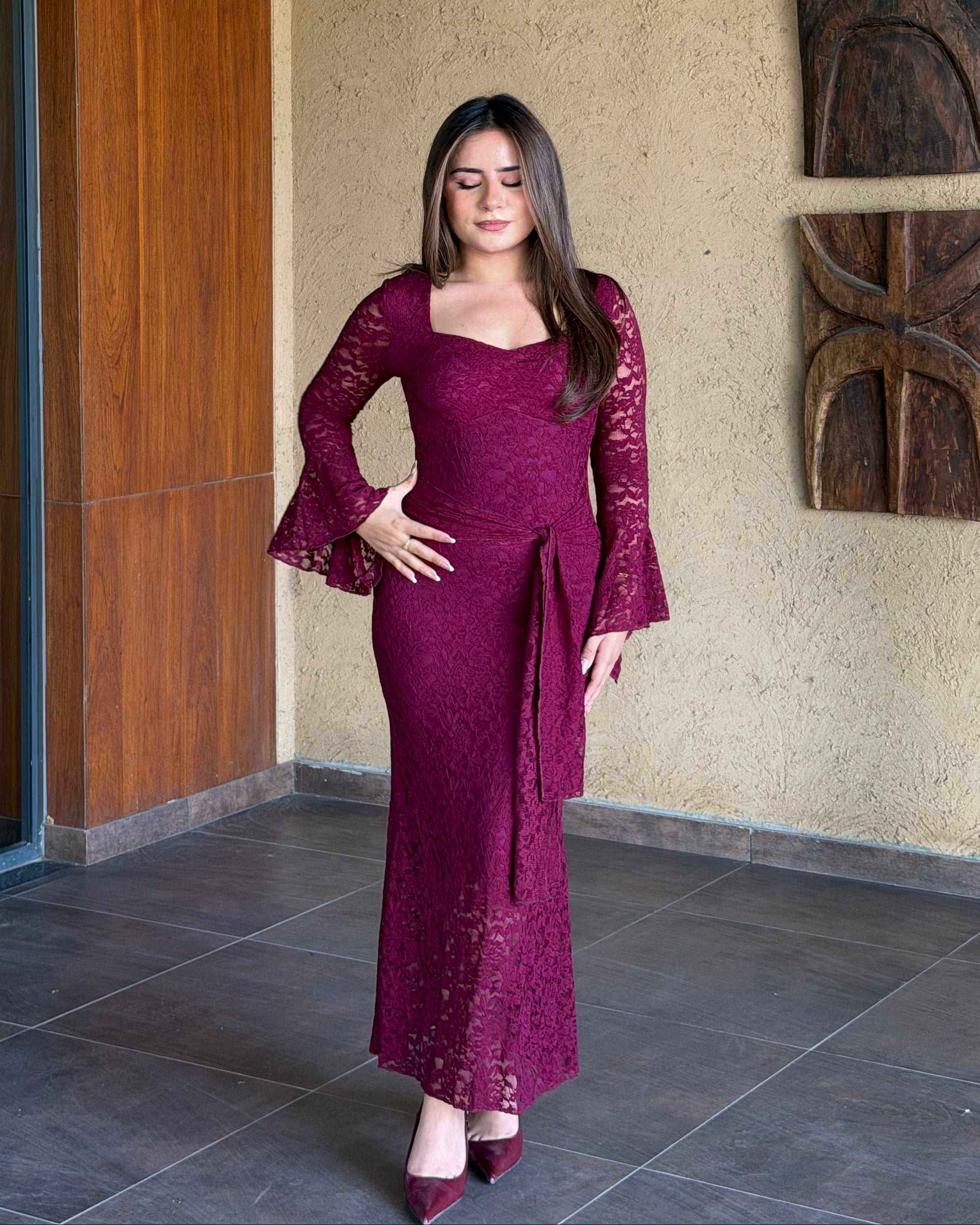 Padded Lacy Bell Sleeve Midi Dress With Tie Up Detailing
