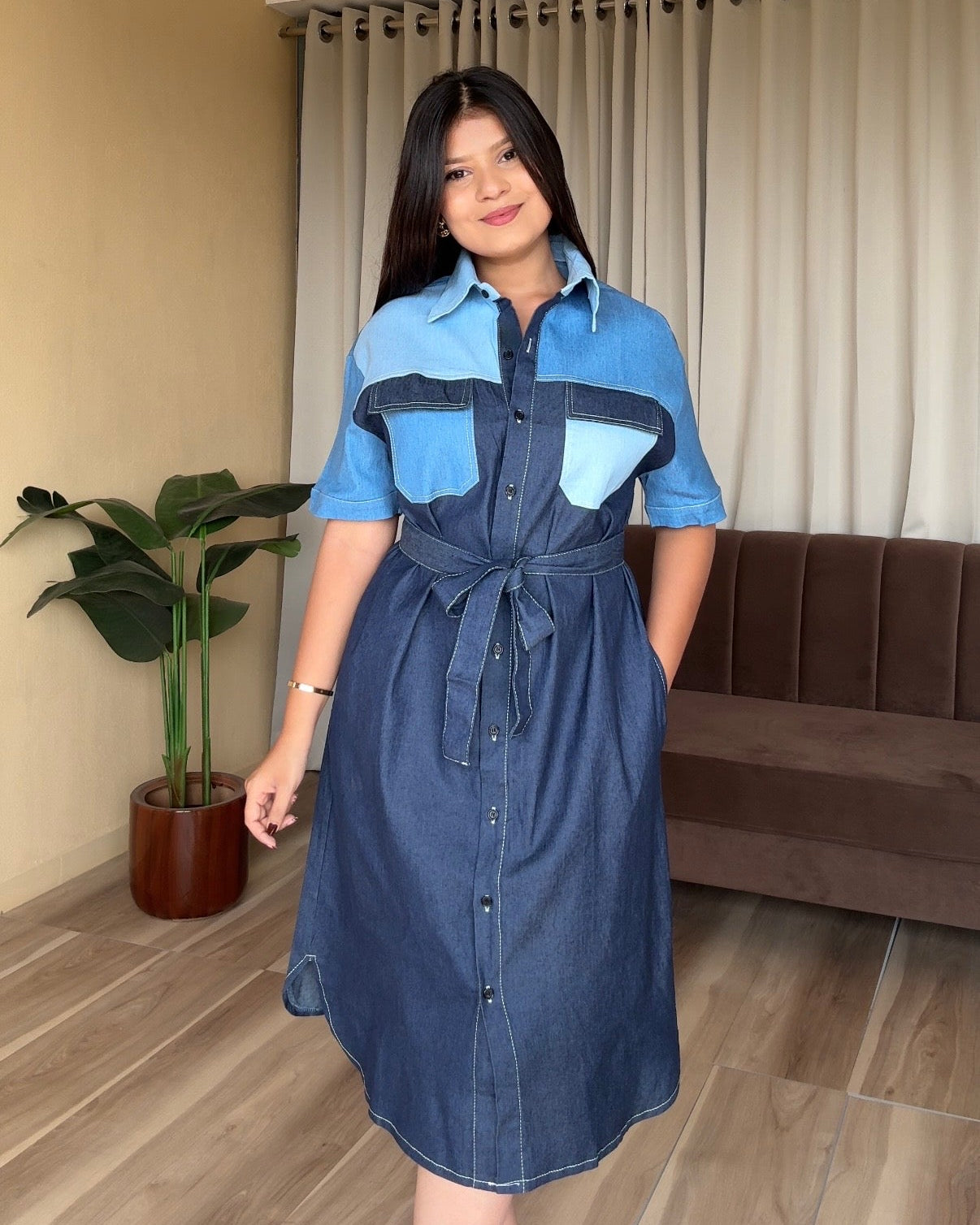 Patchwork Denim Midi Shirt Dress