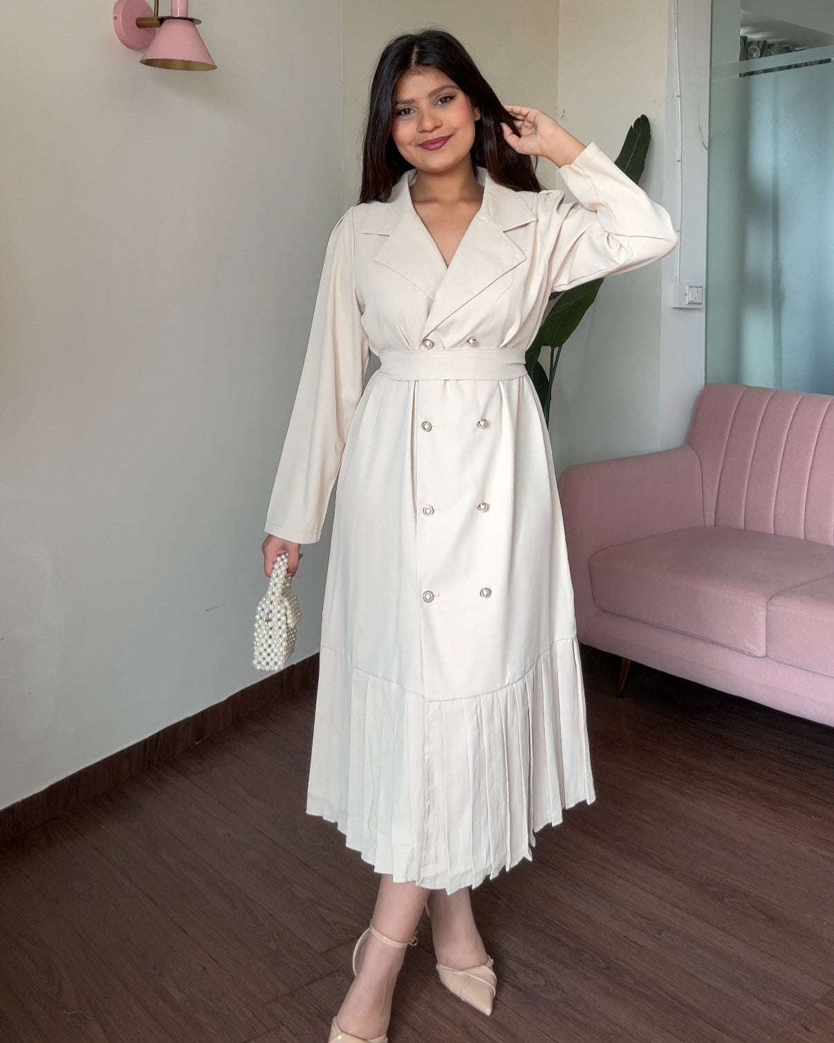 Pearl Button-Down Modest Midi Dress