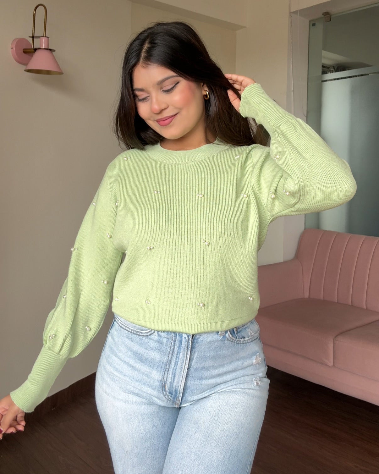 Pearl Scattered Embellished Puff Sleeve Sweater Top