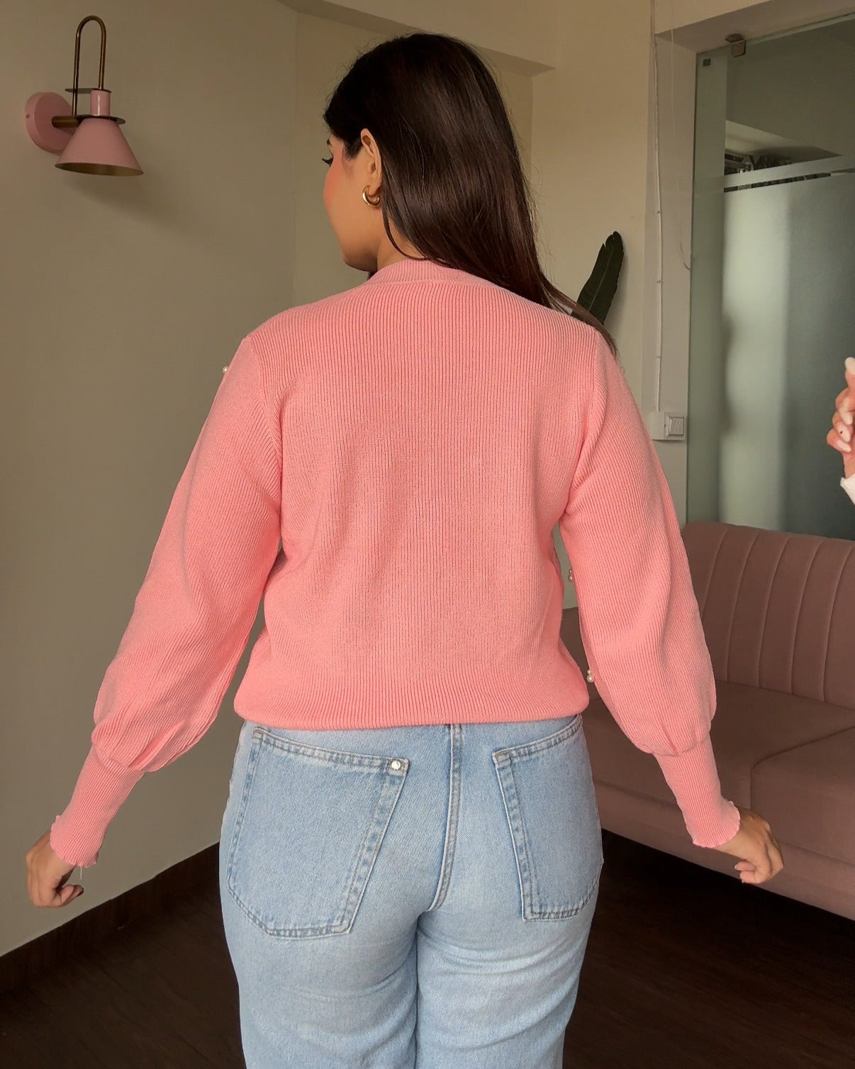 Pearl Scattered Embellished Puff Sleeve Sweater Top