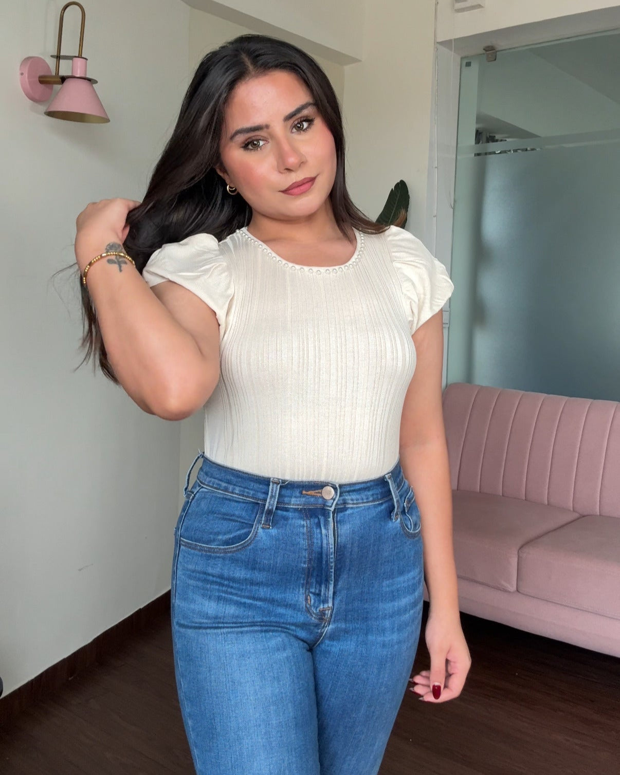 Pearl Studded Round Neck Top