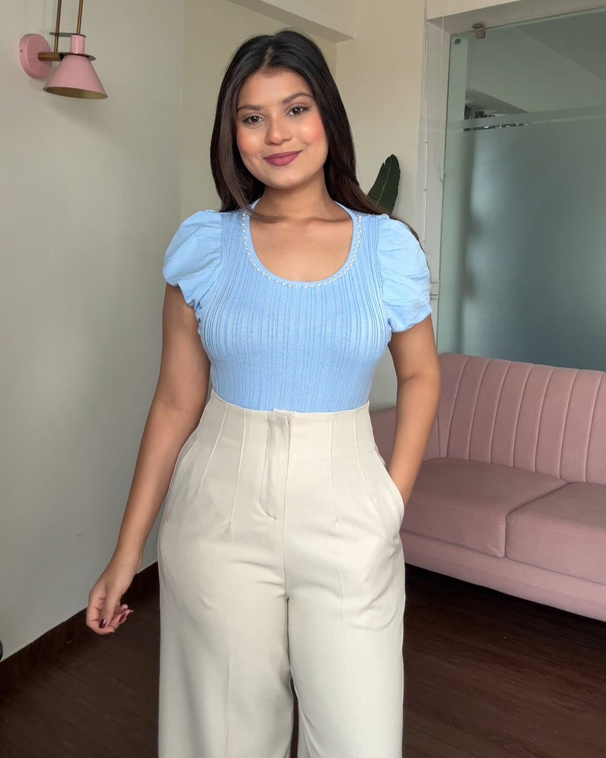 Pearl Studded Round Neck Top