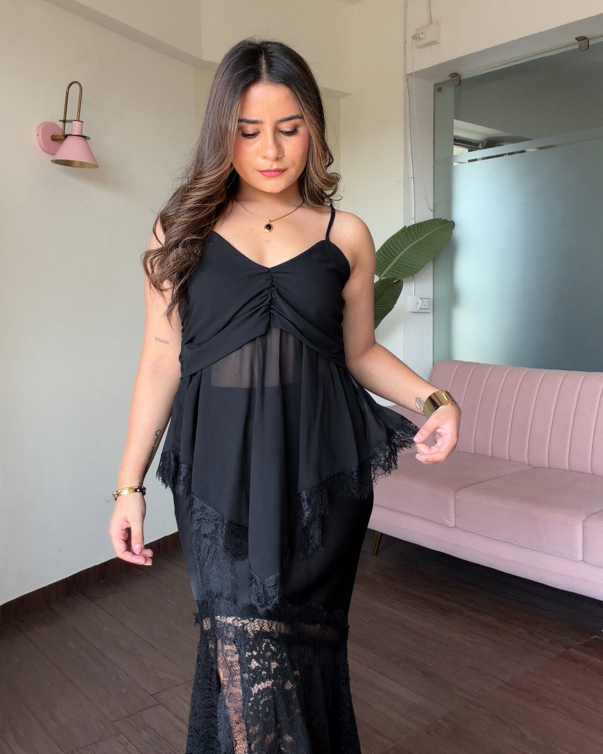 Peplum Chiffon Lace Hem Detailing Top