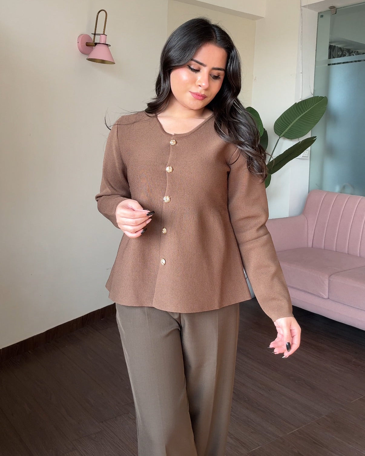Peplum Round Neck Full Sleeve Golden Button Detailing Top