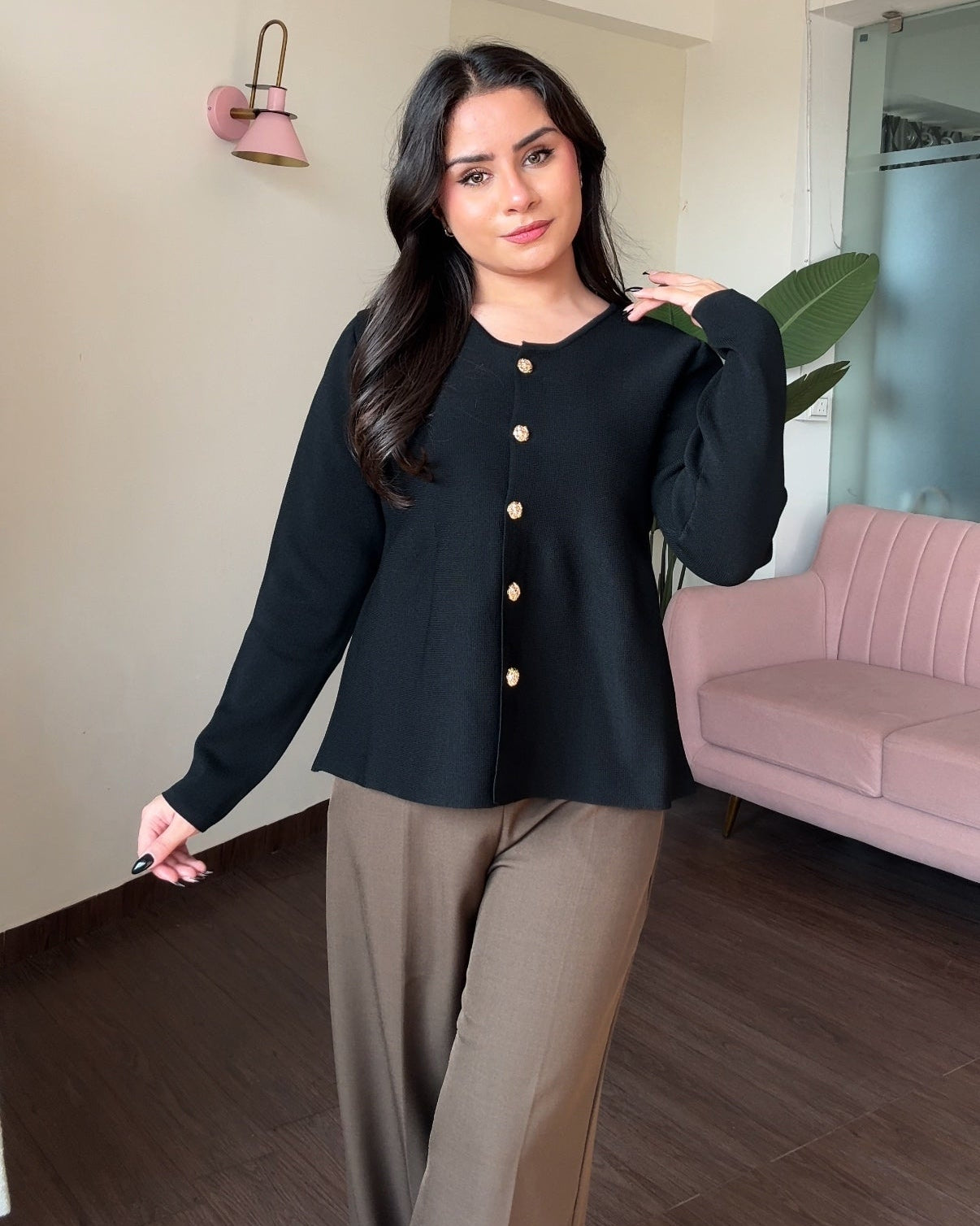 Peplum Round Neck Full Sleeve Golden Button Detailing Top