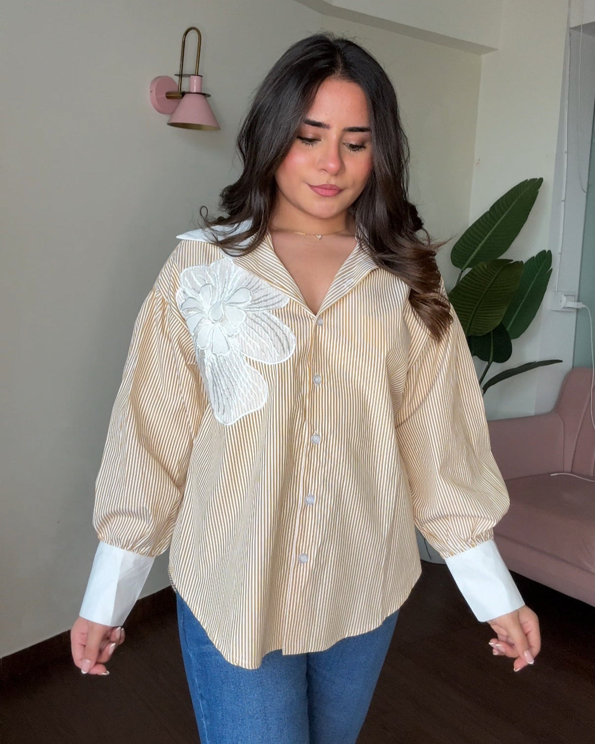 Pinstriped Oversized Balloon Sleeves Shirt With Flower Embroidered