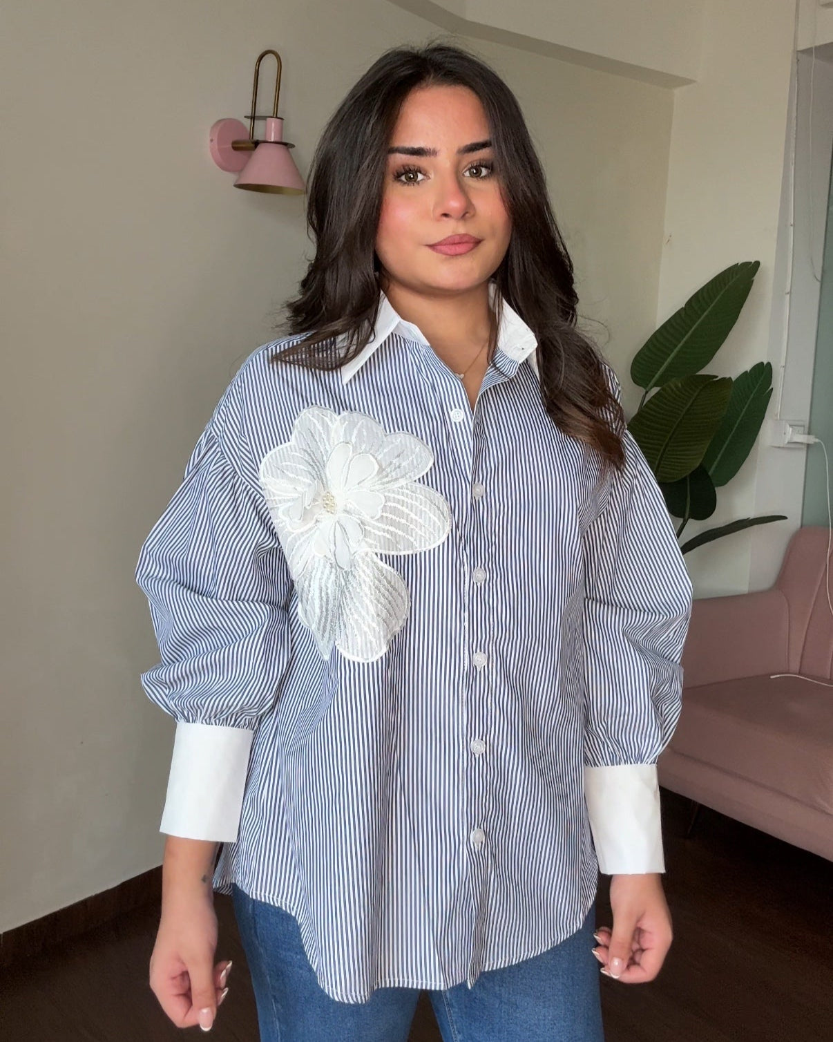 Pinstriped Oversized Balloon Sleeves Shirt With Flower Embroidered