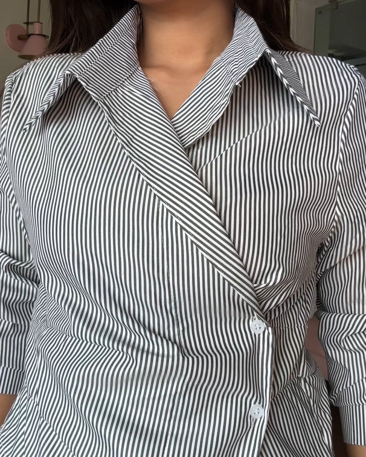 Pinstriped Wrap Around Button Up Shirt