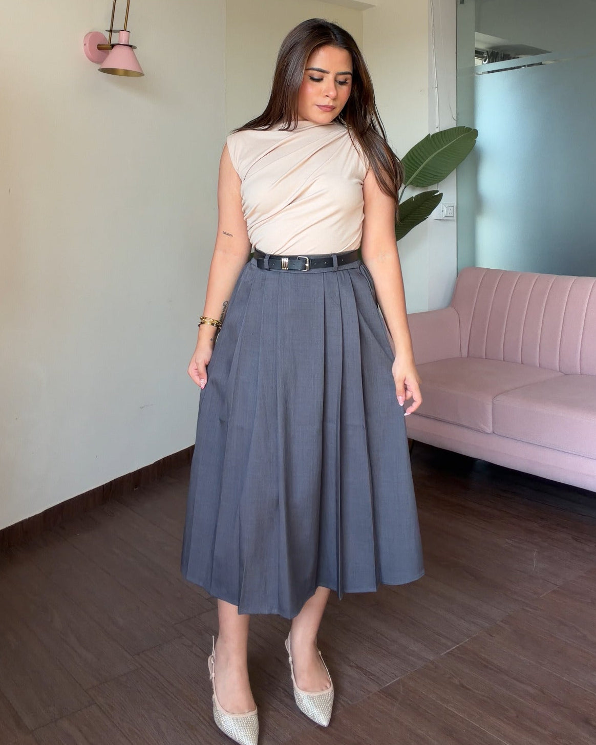 Pleated A Line Midi Skirt With Belt