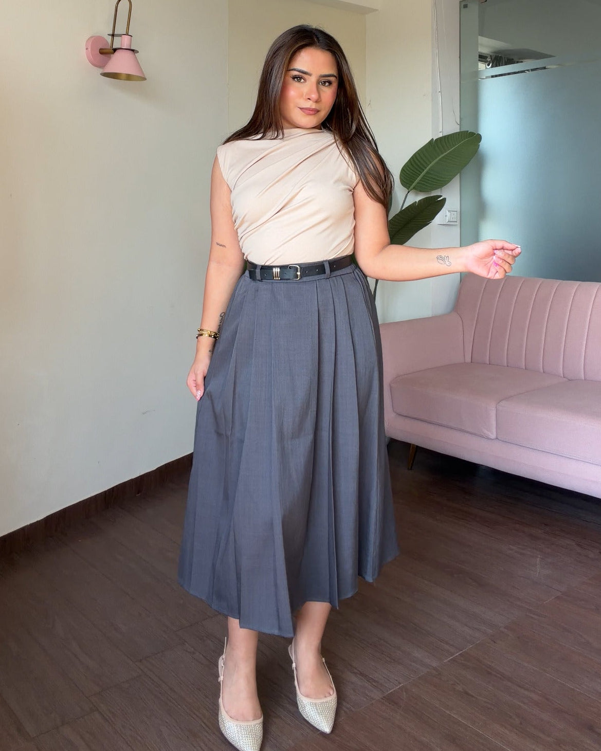 Pleated A Line Midi Skirt With Belt