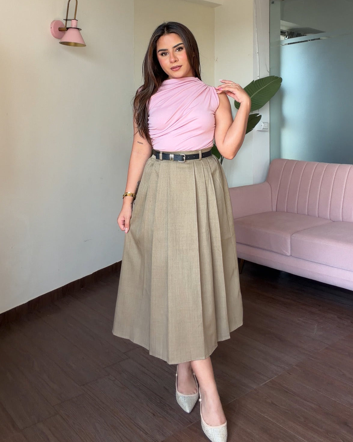 Pleated A Line Midi Skirt With Belt