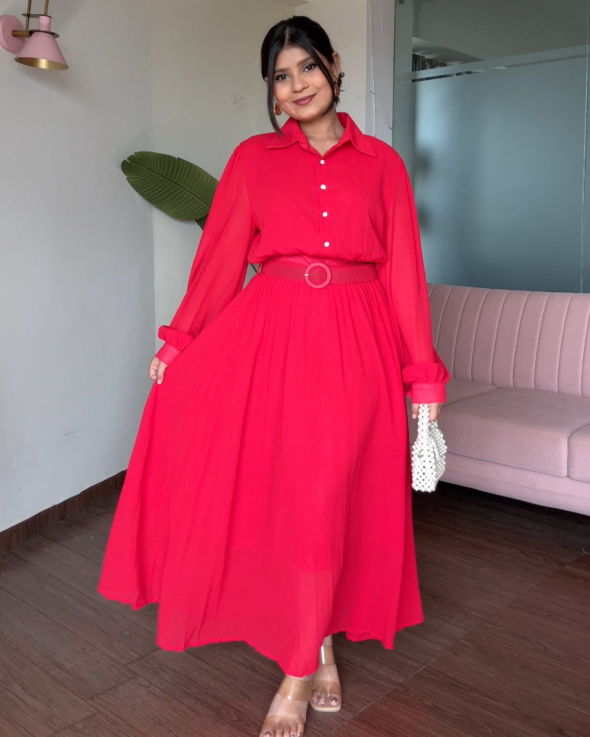 Pleated Shirt Style Midi Dress With Belt