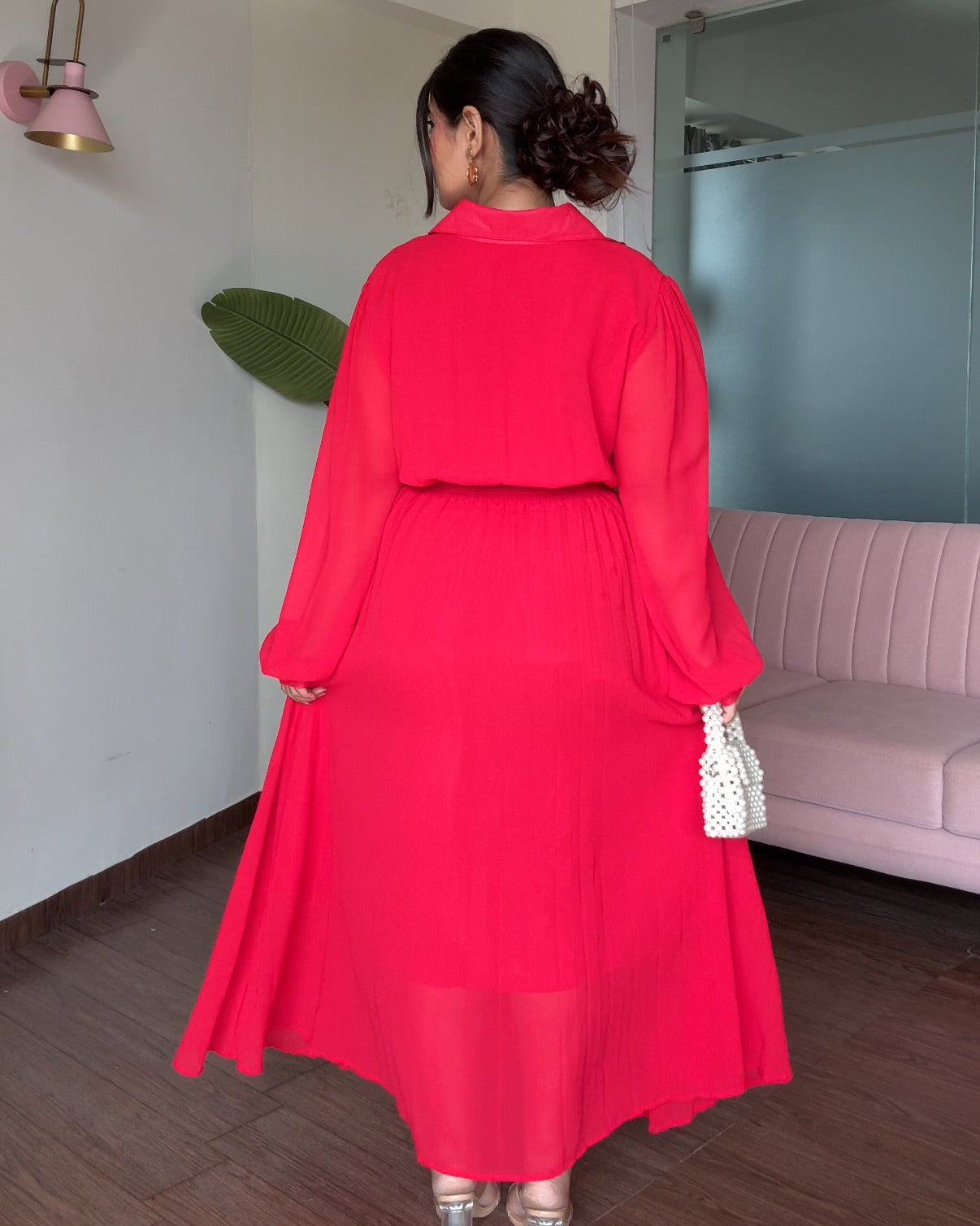 Pleated Shirt Style Midi Dress With Belt