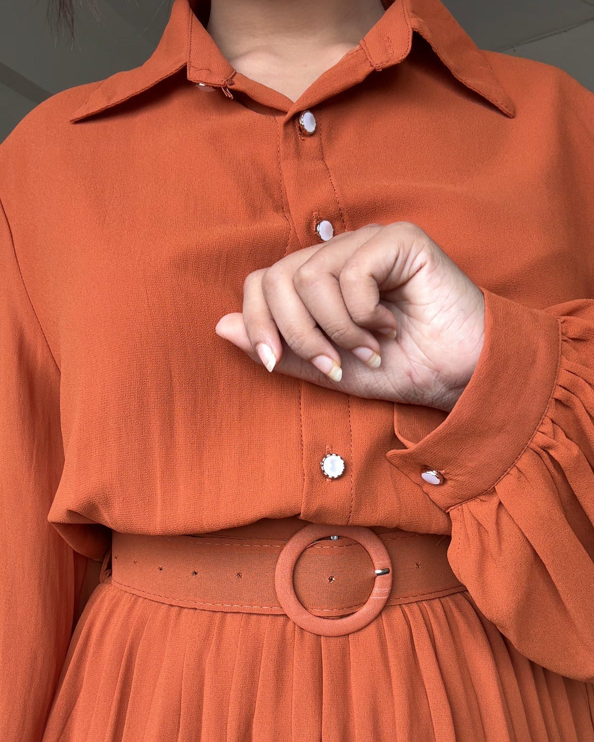 Pleated Shirt Style Midi Dress With Belt