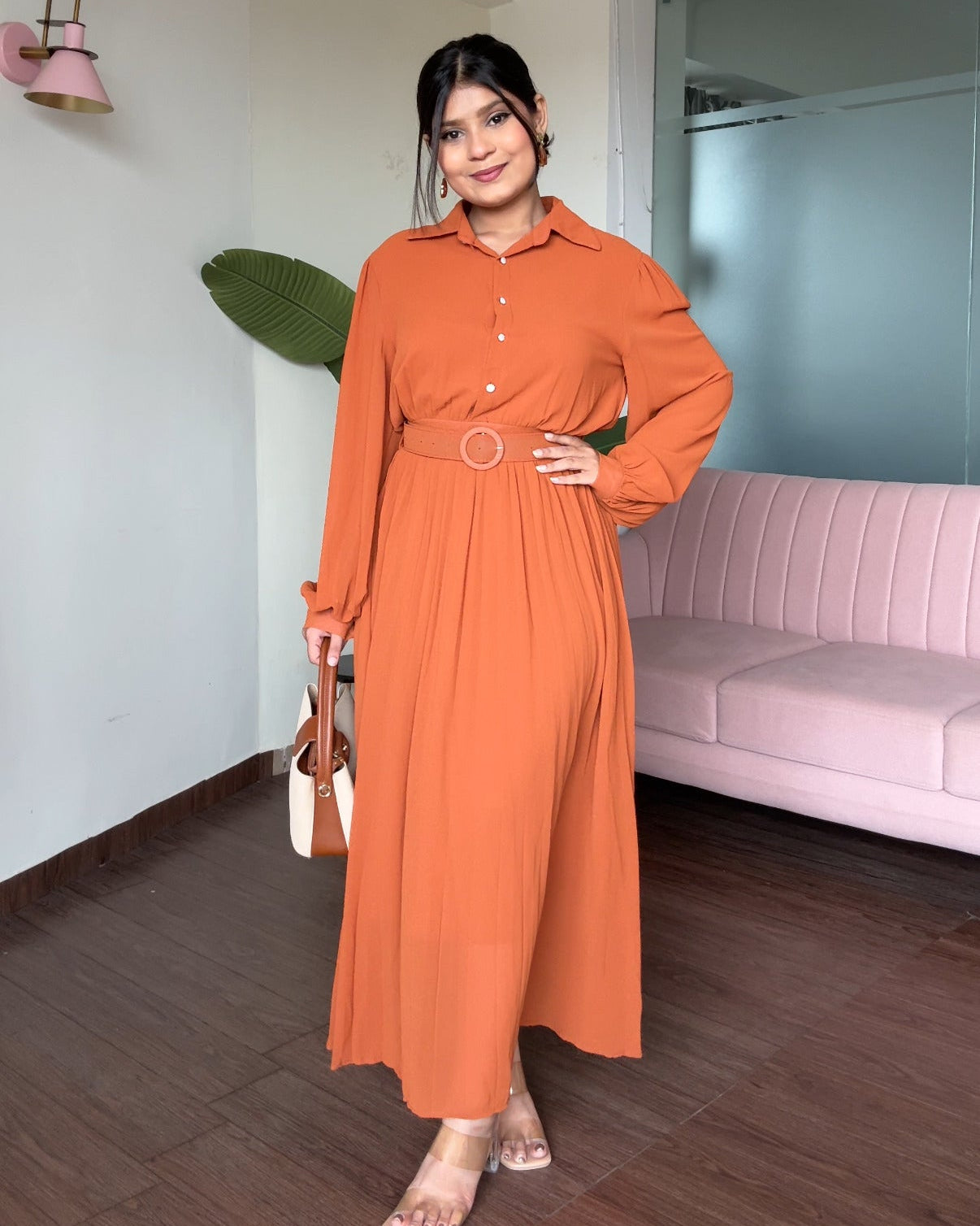 Pleated Shirt Style Midi Dress With Belt