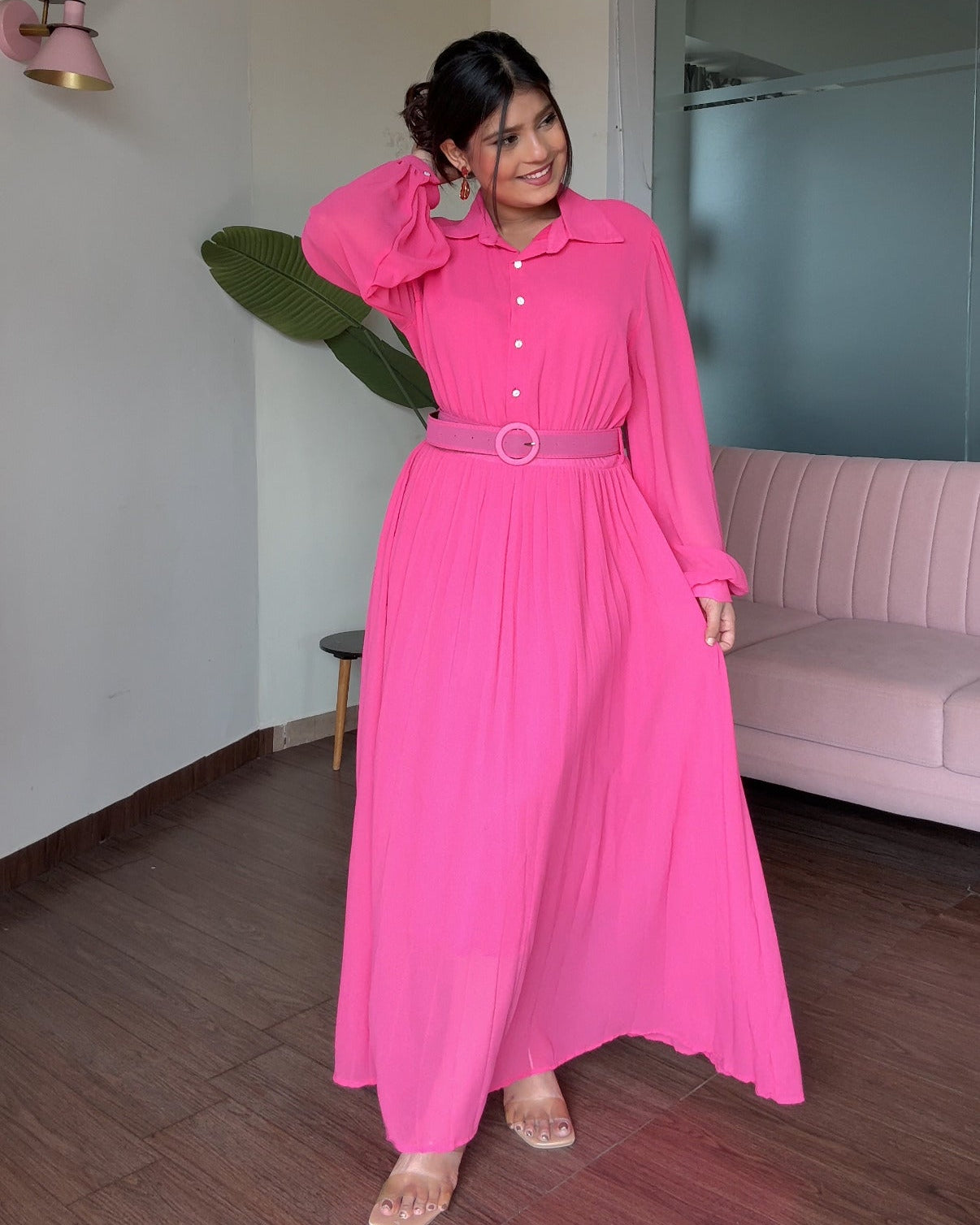 Pleated Shirt Style Midi Dress With Belt