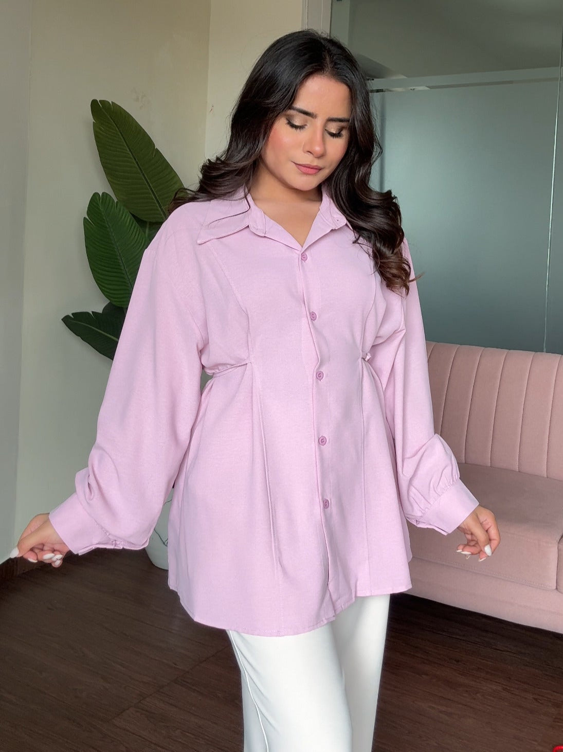 Plus Size Crepe Waist Adjustable Shirt