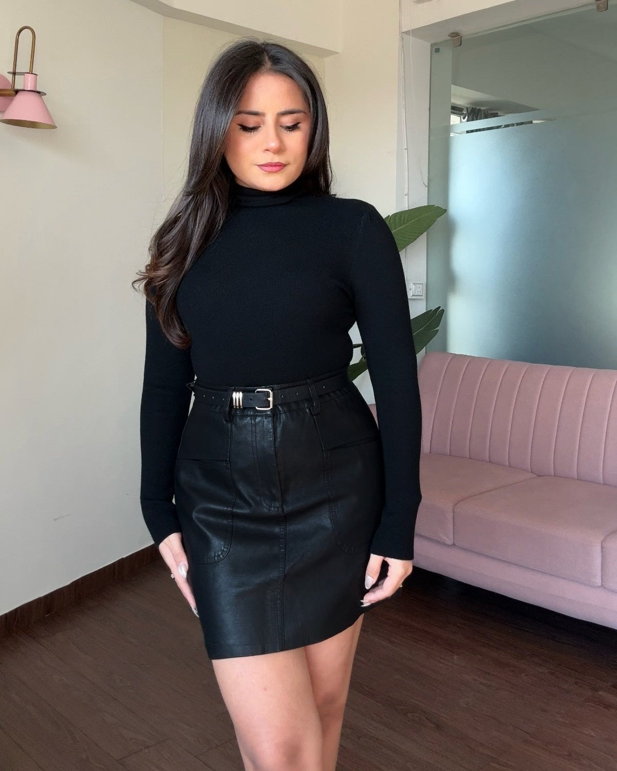 Pocket Detailing Mini Leather Skirt With Belt