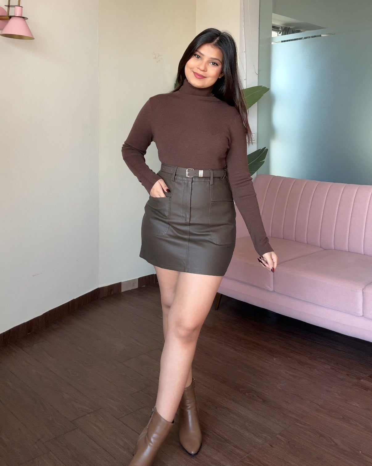 Pocket Detailing Mini Leather Skirt With Belt
