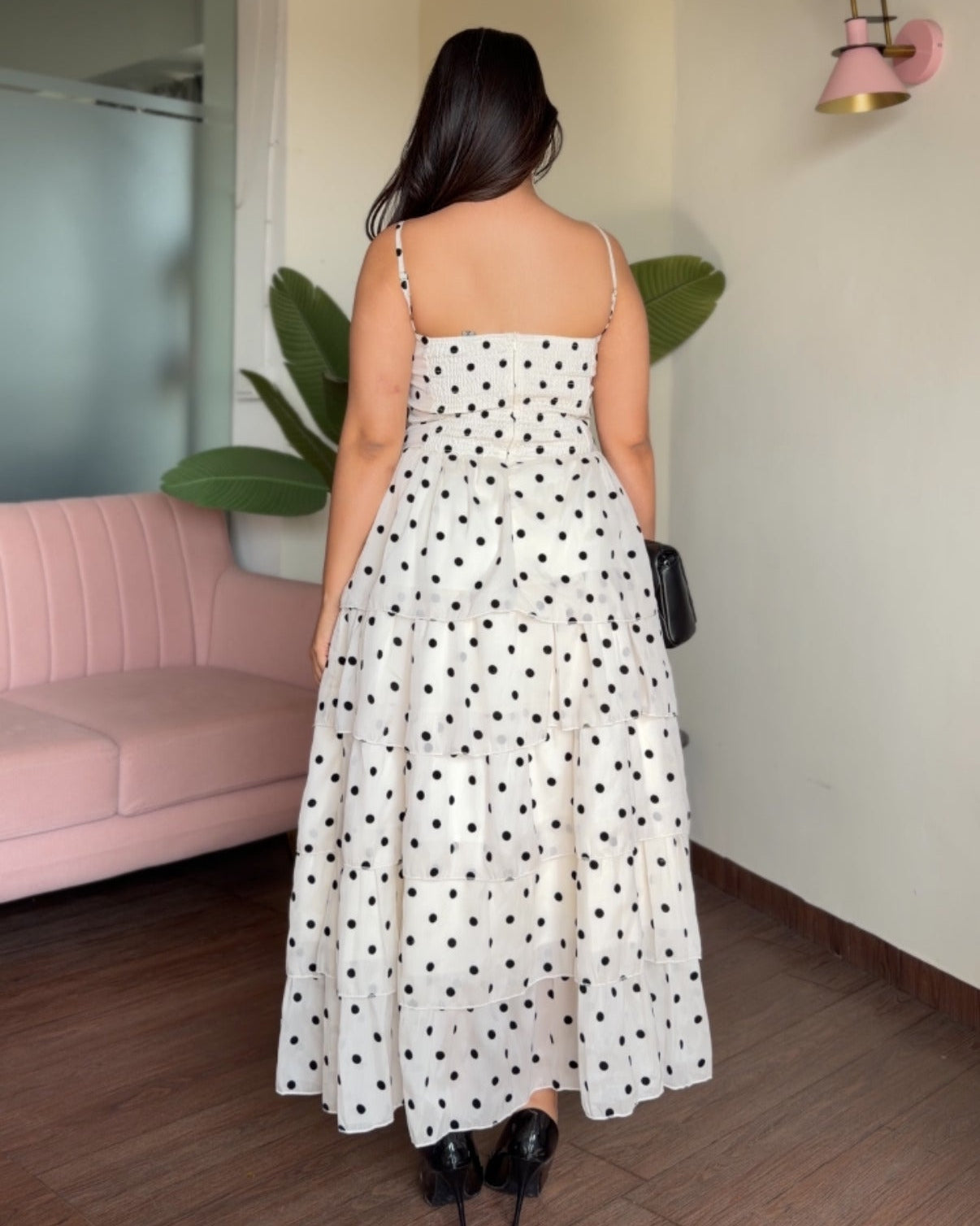 Polka Dot Flared Sweetheart Neckline Premium Chiffon Midi Dress