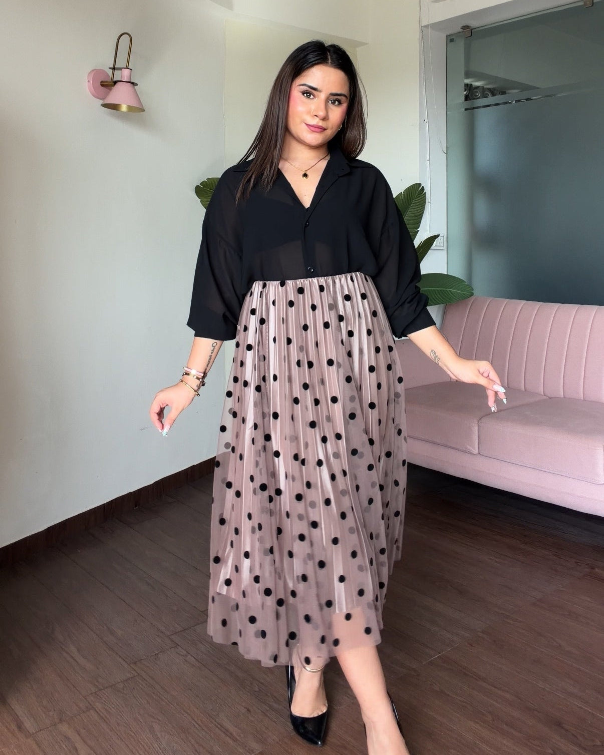 Polka Dot Net Midi Pleated Skirt