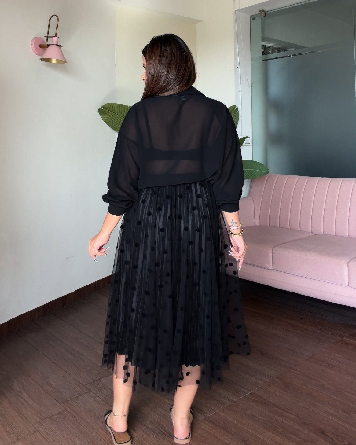 Polka Dot Net Midi Pleated Skirt