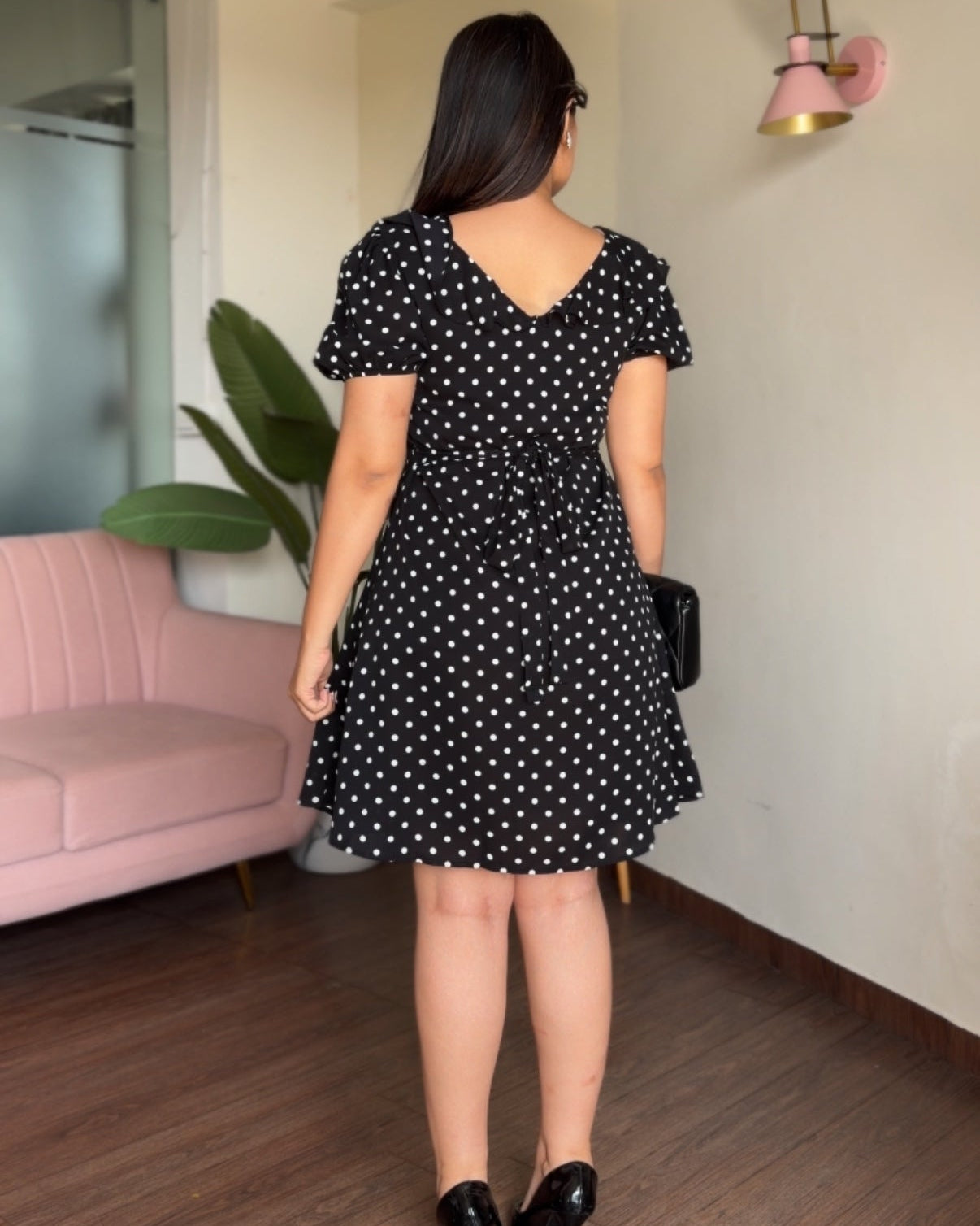 Polka Dot V Neck Puff Sleeve Back Tie Up Detailing Mini Dress