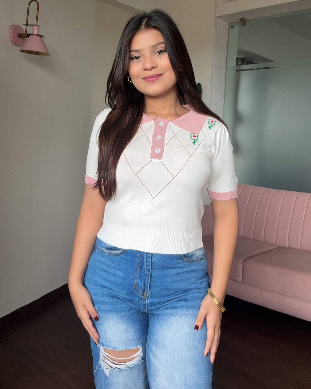 Polo Ribbed Floral Embroidered Top