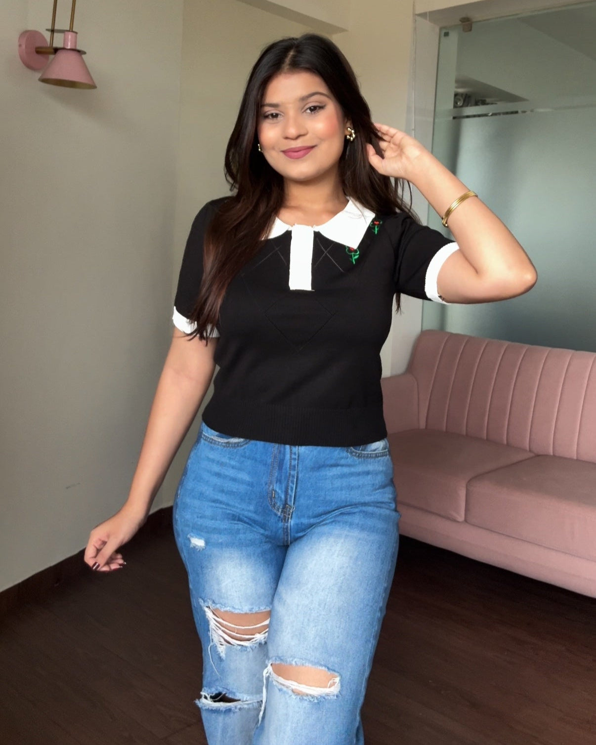 Polo Ribbed Floral Embroidered Top
