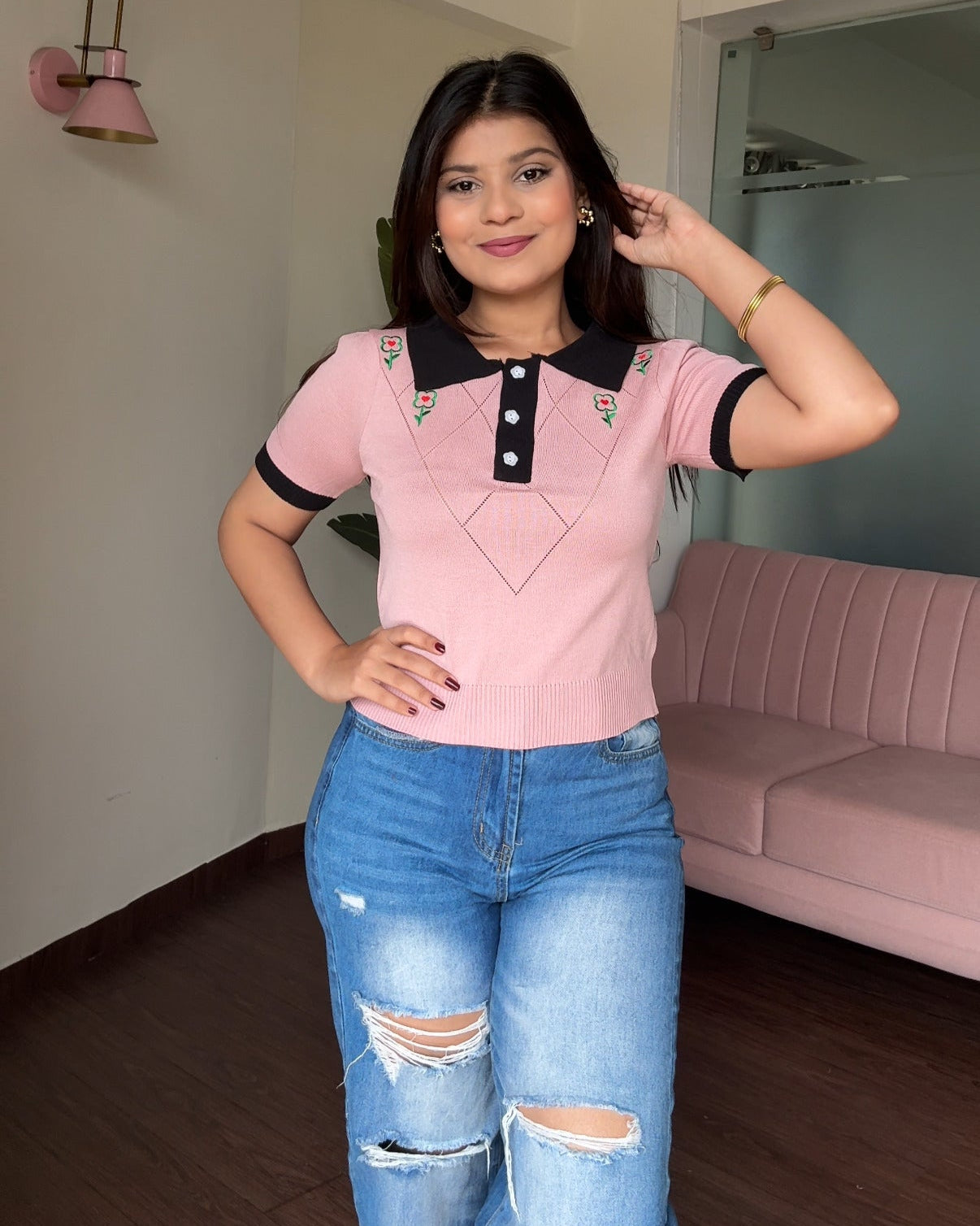 Polo Ribbed Floral Embroidered Top