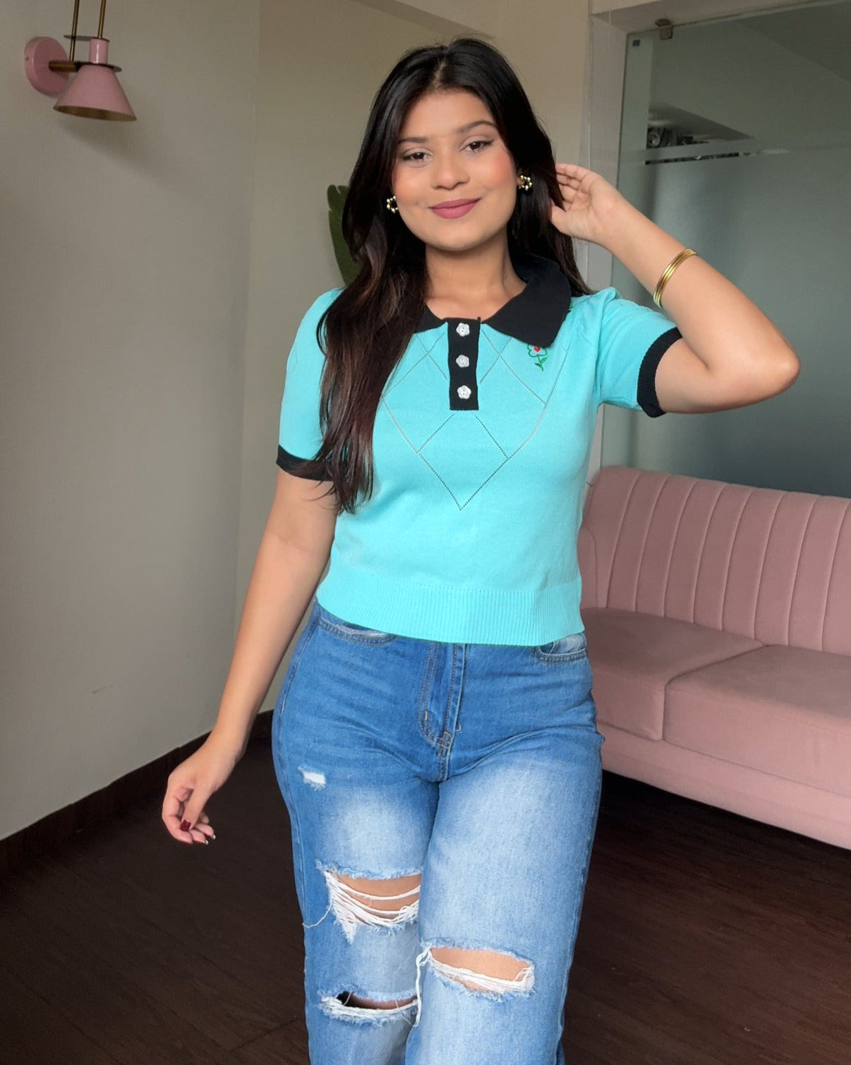 Polo Ribbed Floral Embroidered Top