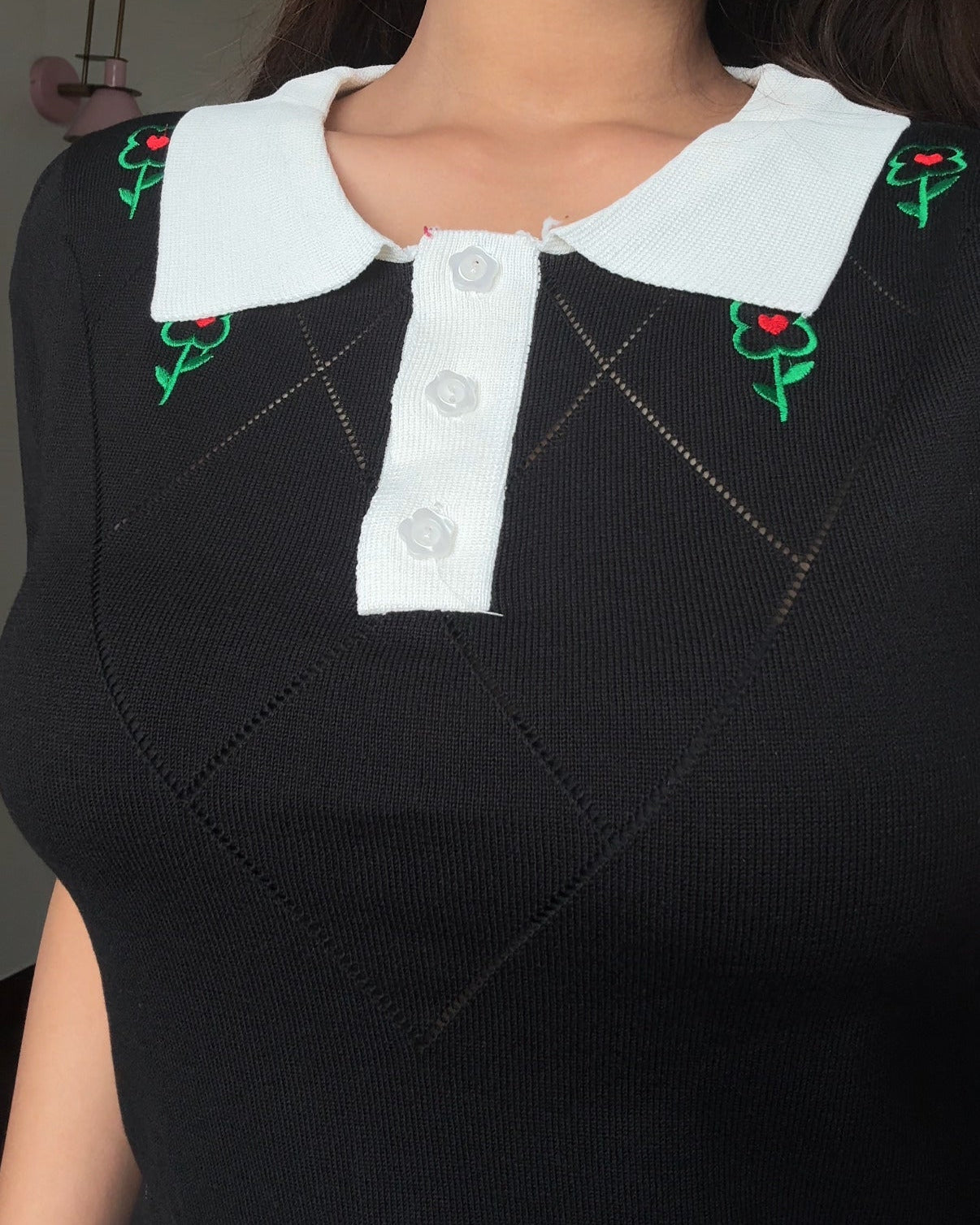Polo Ribbed Floral Embroidered Top