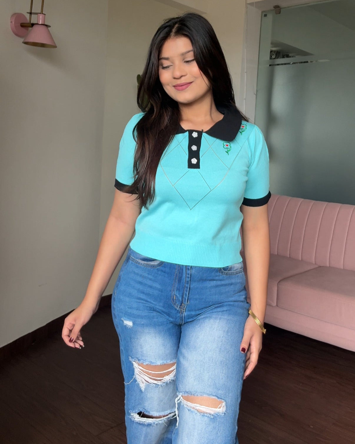 Polo Ribbed Floral Embroidered Top