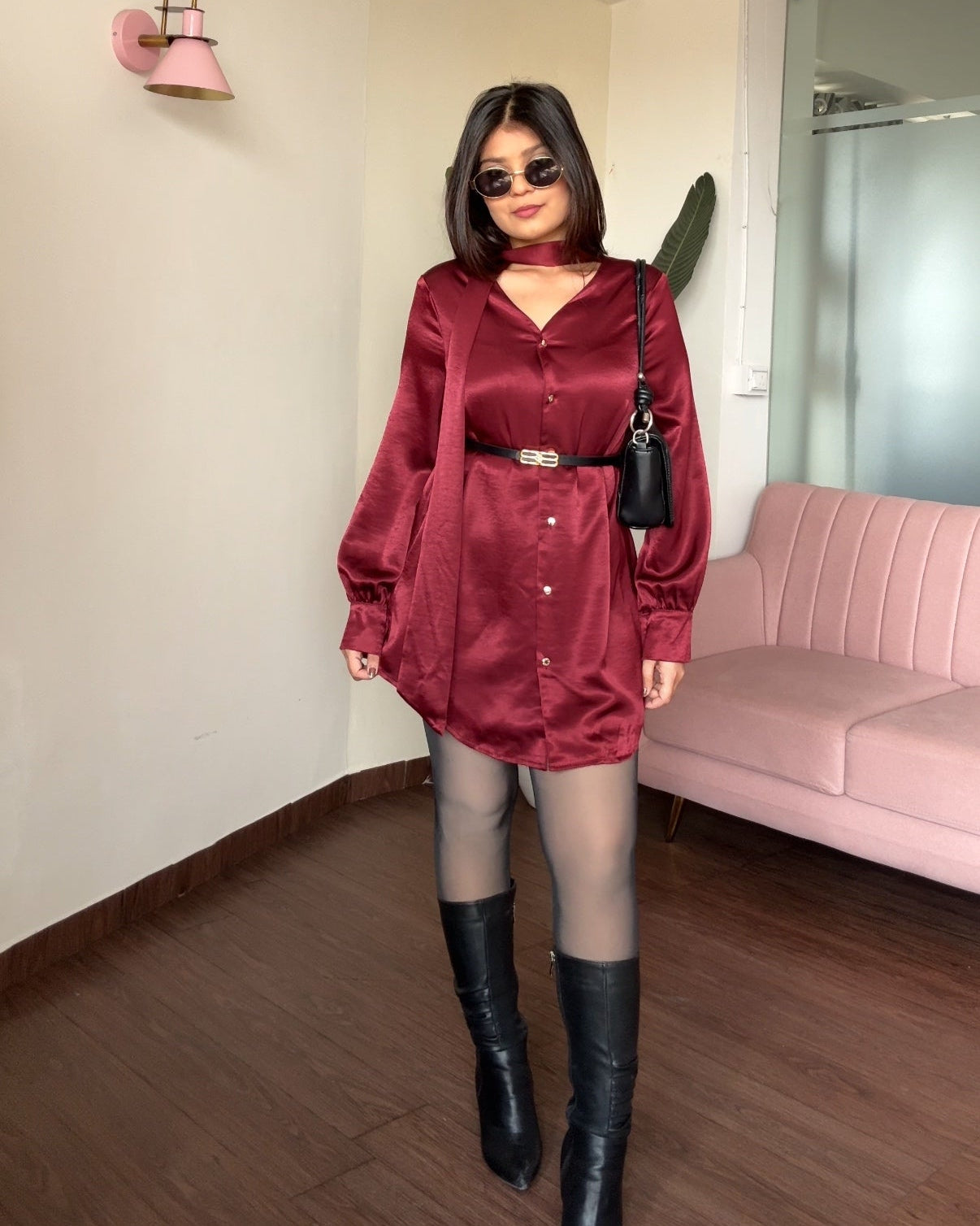 Premium Satin Mini Shirt Dress With Belt