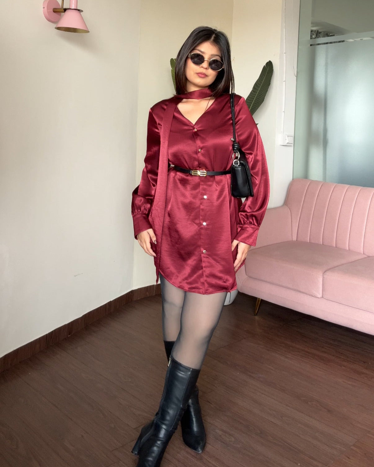 Premium Satin Mini Shirt Dress With Belt