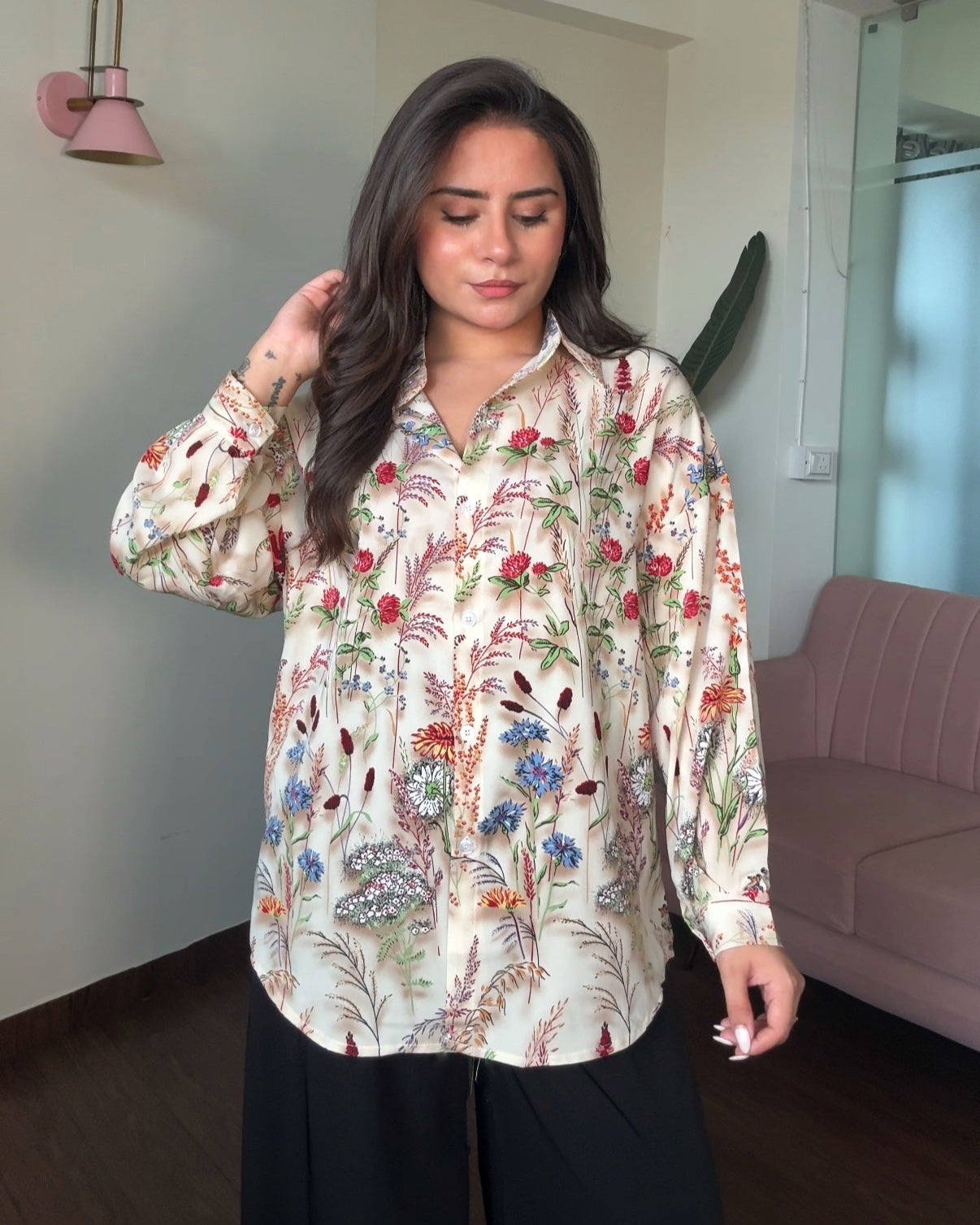 Printed Ivory Garden Crepe Full Sleeves Shirt